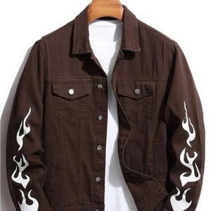 Brown Denim Jacket With White Flames Without Shirt